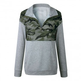 Sweatshirt Splicing Color Zipper V Neck Slim Pullover Tops (Grey XL)