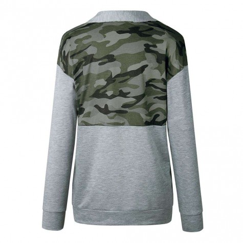 Sweatshirt Splicing Color Zipper V Neck Slim Pullover Tops (Grey XL)