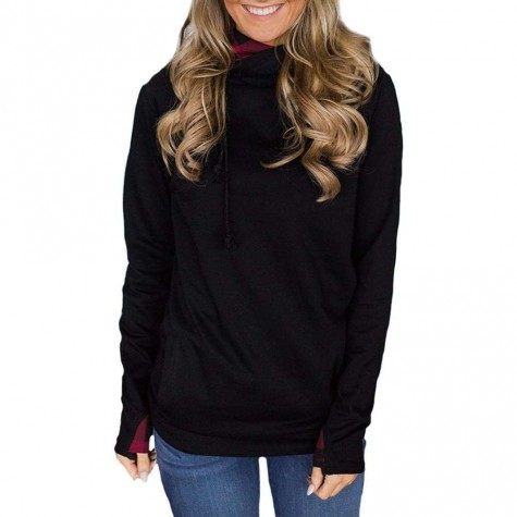 Long Sleeve Solid Zip Drawstring Hoodie Casual Sports Tops