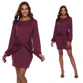 O-Neck Long Puff Sleeve Dress Ladies Solid Loose Dresses