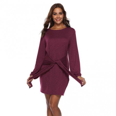 O-Neck Long Puff Sleeve Dress Ladies Solid Loose Dresses