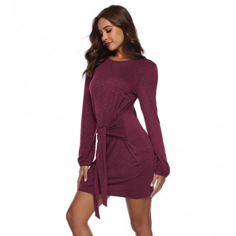 O-Neck Long Puff Sleeve Dress Ladies Solid Loose Dresses