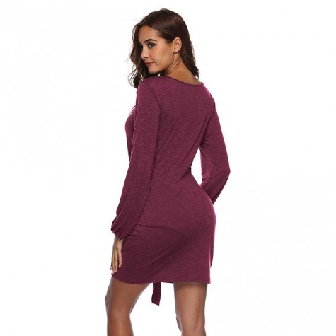 O-Neck Long Puff Sleeve Dress Ladies Solid Loose Dresses