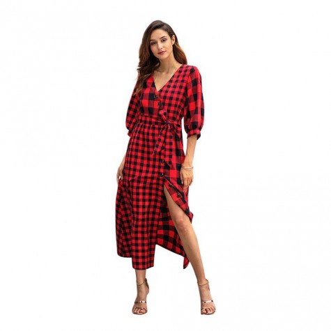 Retro Plaid Print Long Dress Long Sleeve V-neck Shirt Dresses