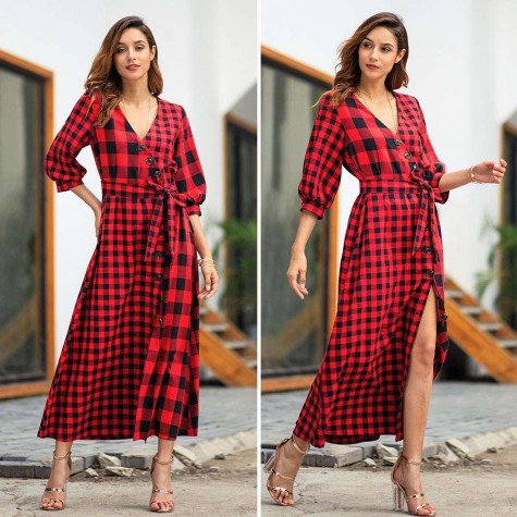 Retro Plaid Print Long Dress Long Sleeve V-neck Shirt Dresses