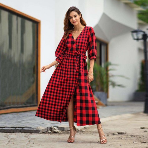 Retro Plaid Print Long Dress Long Sleeve V-neck Shirt Dresses