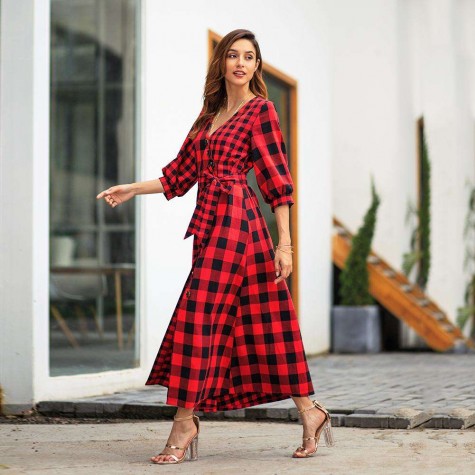 Retro Plaid Print Long Dress Long Sleeve V-neck Shirt Dresses