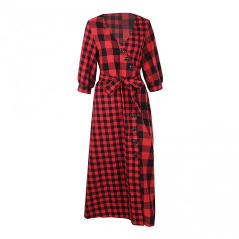 Retro Plaid Print Long Dress Long Sleeve V-neck Shirt Dresses