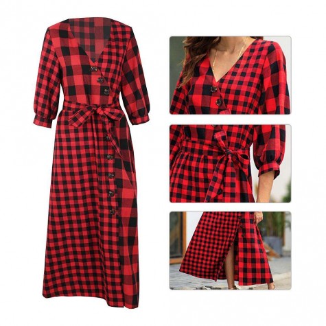 Retro Plaid Print Long Dress Long Sleeve V-neck Shirt Dresses