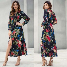 Boho Floral Print Long Dress Long Sleeve Turn Down Collar Dresses