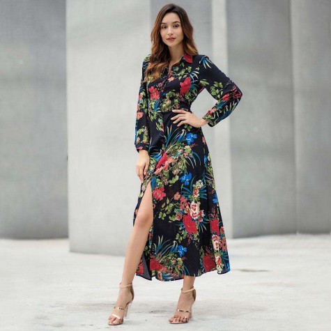 Boho Floral Print Long Dress Long Sleeve Turn Down Collar Dresses