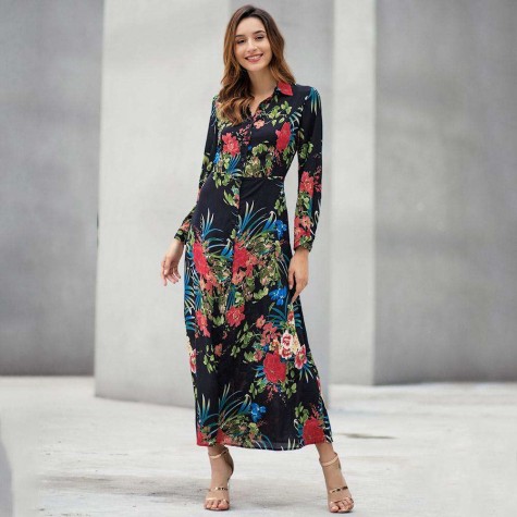 Boho Floral Print Long Dress Long Sleeve Turn Down Collar Dresses