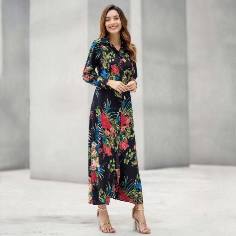 Boho Floral Print Long Dress Long Sleeve Turn Down Collar Dresses