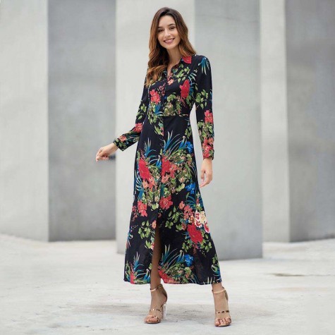 Boho Floral Print Long Dress Long Sleeve Turn Down Collar Dresses