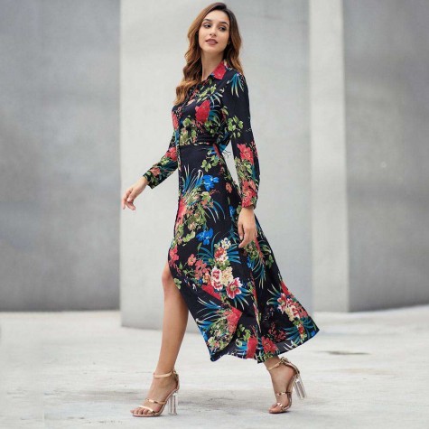 Boho Floral Print Long Dress Long Sleeve Turn Down Collar Dresses