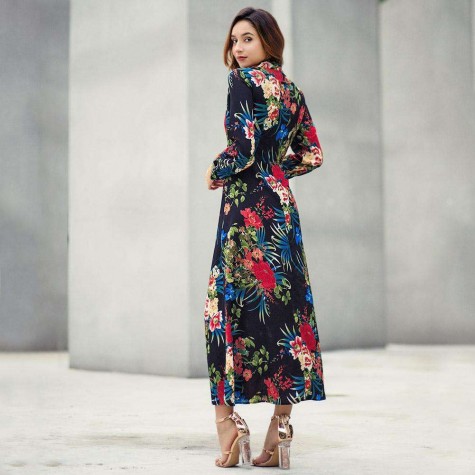 Boho Floral Print Long Dress Long Sleeve Turn Down Collar Dresses