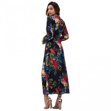 Boho Floral Print Long Dress Long Sleeve Turn Down Collar Dresses