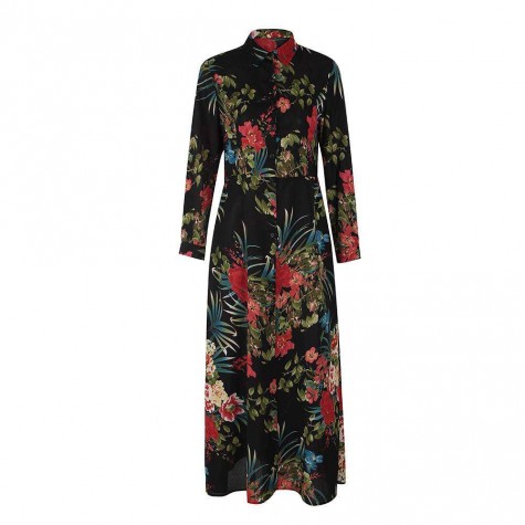 Boho Floral Print Long Dress Long Sleeve Turn Down Collar Dresses