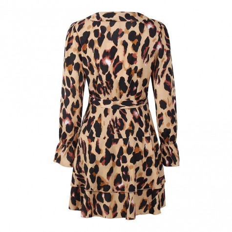 Charming Leopard Print Dress Long Sleeve Ruffles Mini Dress Streetwear