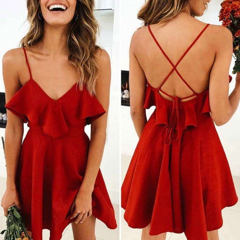 Deep V-Neck Slip Dress Backless Summer Ruffle Charming Beach Clothing