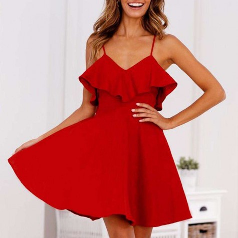 Deep V-Neck Slip Dress Backless Summer Ruffle Charming Beach Clothing