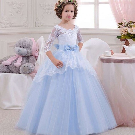 Girls Wedding Formal Dress Lace Elegant Long Prom Dresses Kids Ball Gown