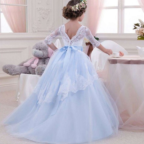 Girls Wedding Formal Dress Lace Elegant Long Prom Dresses Kids Ball Gown