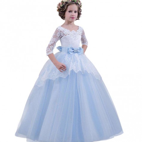 Girls Wedding Formal Dress Lace Elegant Long Prom Dresses Kids Ball Gown