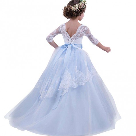 Girls Wedding Formal Dress Lace Elegant Long Prom Dresses Kids Ball Gown