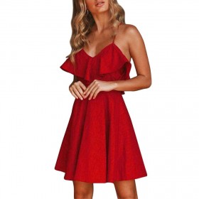 Spaghetti Strap Charming V-Neck Dress Ruffle Backless Lace-up Beach Wear