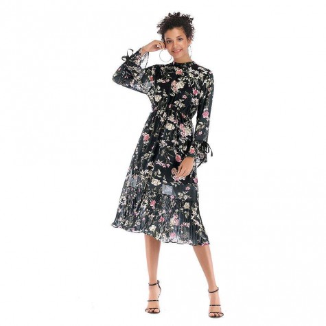 Summer Boho Long Sleeve Dress Casual Floral Print Pleated Clothing