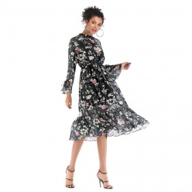 Summer Boho Long Sleeve Dress Casual Floral Print Pleated Clothing