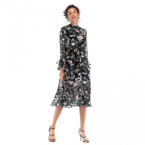 Summer Boho Long Sleeve Dress Casual Floral Print Pleated Clothing