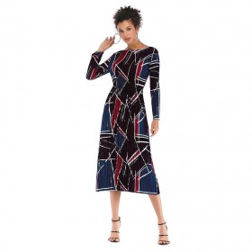 Geometry Print Long Sleeve Pleated Dress Casual Slim Fit Clothing