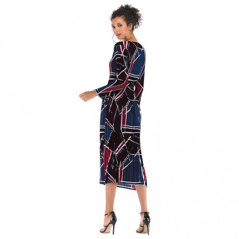 Geometry Print Long Sleeve Pleated Dress Casual Slim Fit Clothing