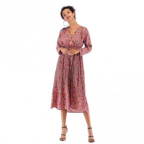 Elegant V-Neck Tunic Dress Fashion Floral Print Boho Swing Clothing