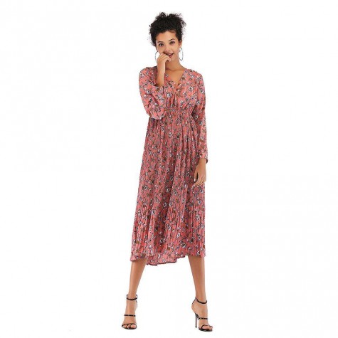 Elegant V-Neck Tunic Dress Fashion Floral Print Boho Swing Clothing