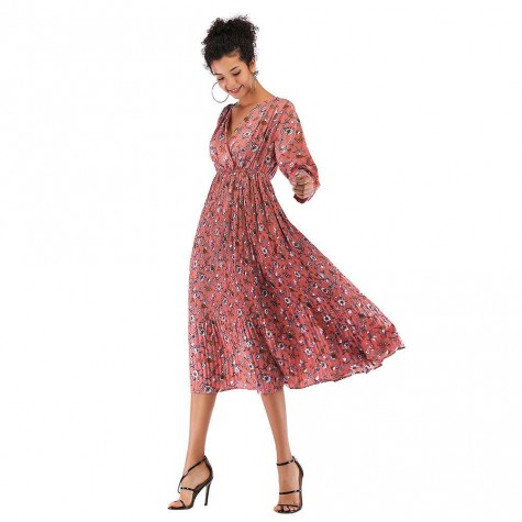 Elegant V-Neck Tunic Dress Fashion Floral Print Boho Swing Clothing