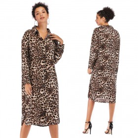 Charming Leopard Print Shirt Dresses Front Buttons Low Split Daily Wear