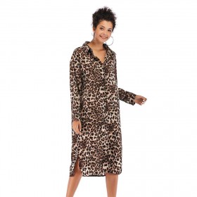 Charming Leopard Print Shirt Dresses Front Buttons Low Split Daily Wear