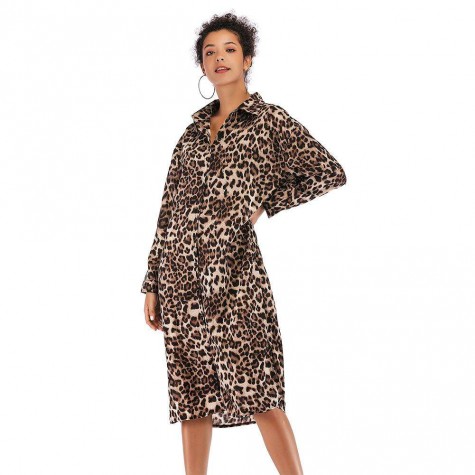 Charming Leopard Print Shirt Dresses Front Buttons Low Split Daily Wear