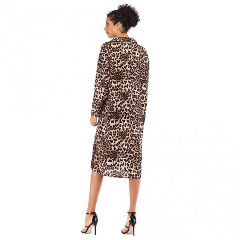 Charming Leopard Print Shirt Dresses Front Buttons Low Split Daily Wear