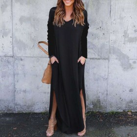 Boho Maxi Dress Long Sleeve Low Split V-Neck Loose Pockets Clothing