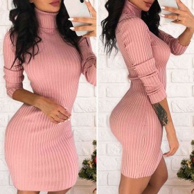 Winter Warm Turtleneck Knit Dress Long Sleeve Bodycon Sweater Dresses