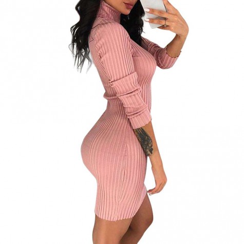 Winter Warm Turtleneck Knit Dress Long Sleeve Bodycon Sweater Dresses