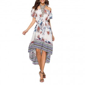 Off Shoulder Floral Print Dress Bohemian Beach Swing Dress