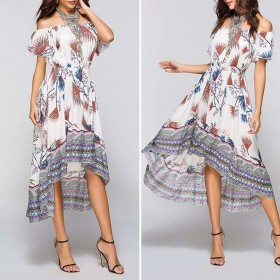 Off Shoulder Floral Print Dress Bohemian Beach Swing Dress