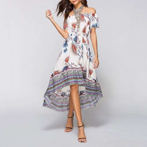 Off Shoulder Floral Print Dress Bohemian Beach Swing Dress