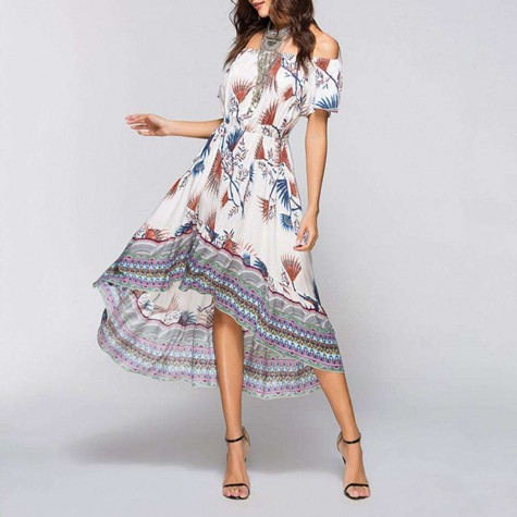 Off Shoulder Floral Print Dress Bohemian Beach Swing Dress