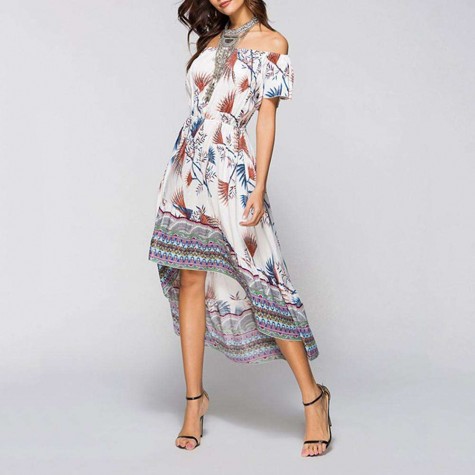 Off Shoulder Floral Print Dress Bohemian Beach Swing Dress